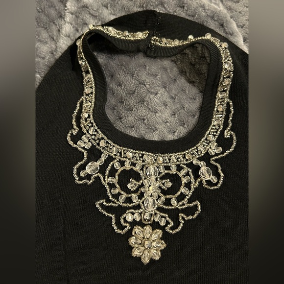 NWT Elegant Black Halter Top with Embroidered And Stone Detail SzS - Picture 2 of 8